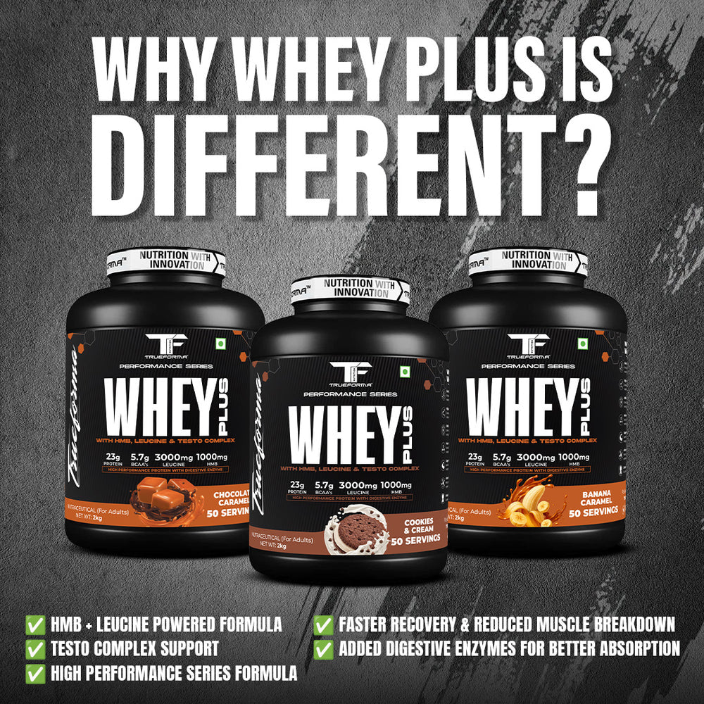 Whey Plus Protein Powder | 23g Protein, BCAA, Leucine & HMB | Muscle Growth & Recovery | 50 Servings | Trueforma