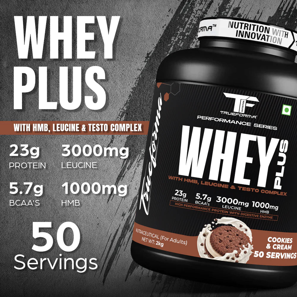 Whey Plus Protein Powder | 23g Protein, BCAA, Leucine & HMB | Muscle Growth & Recovery | 50 Servings | Trueforma