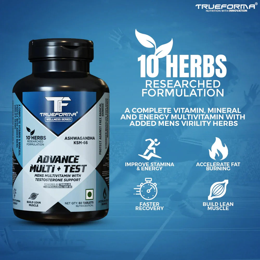 Trueforma Advance Multi + Test | Men’s Multivitamin with Ashwagandha KSM-66 & Tribulus | Energy, Strength & Testosterone Support (60 Tablets)