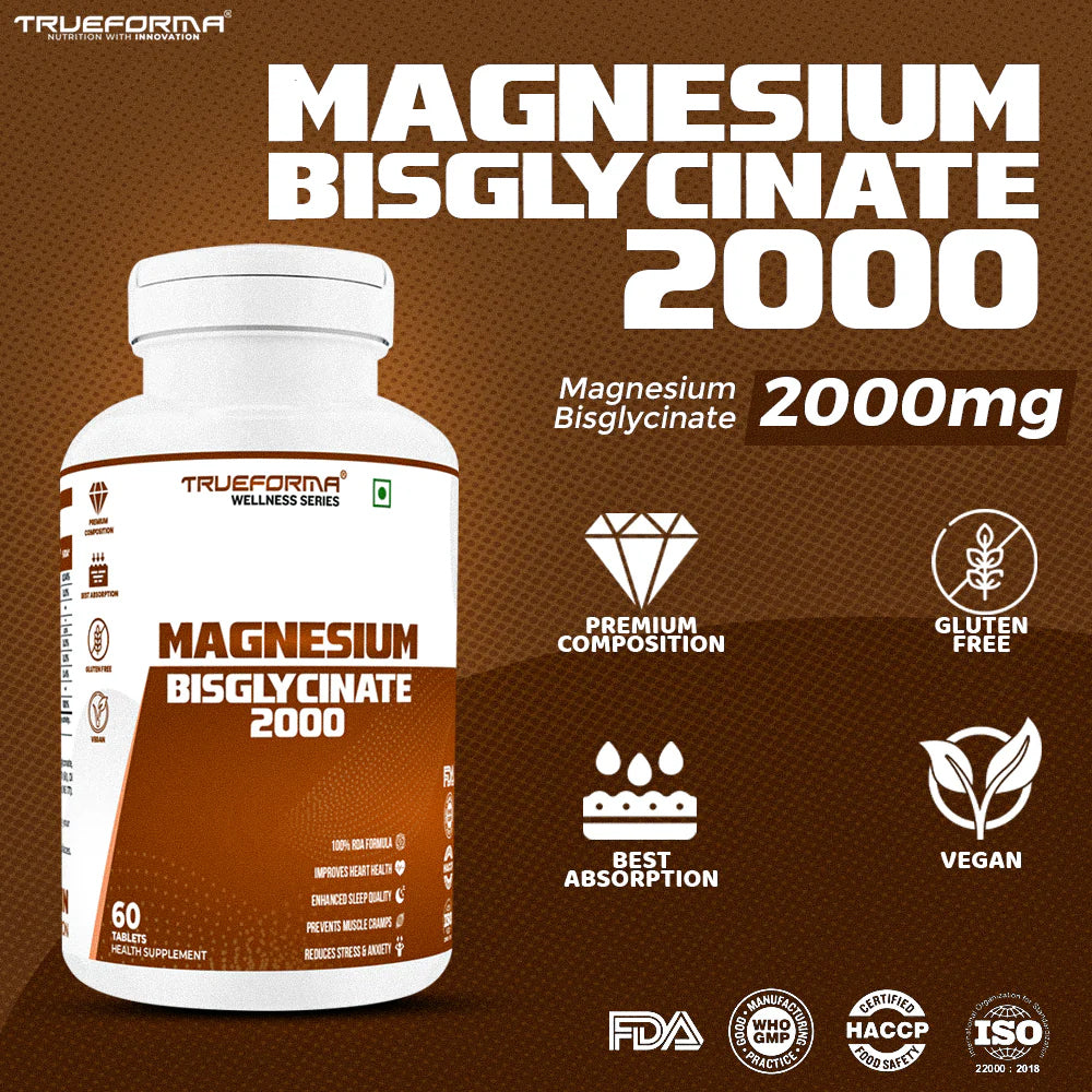 Trueforma Magnesium Bisglycinate 2000mg | Better Sleep, Stress Relief & Muscle Recovery | High Absorption Formula (60 Tablets)