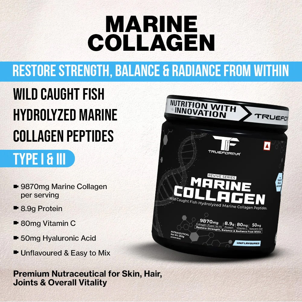 Trueforma Marine Collagen Powder | Type I & III | Skin Glow, Hair, Joints & Anti-Aging Support (250g / 25 Servings)
