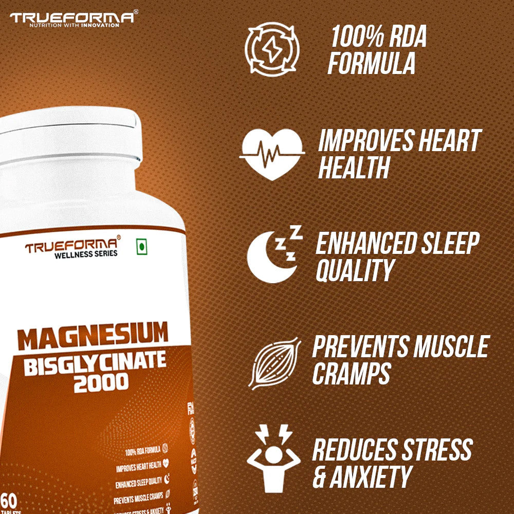 Trueforma Magnesium Bisglycinate 2000mg | Better Sleep, Stress Relief & Muscle Recovery | High Absorption Formula (60 Tablets)