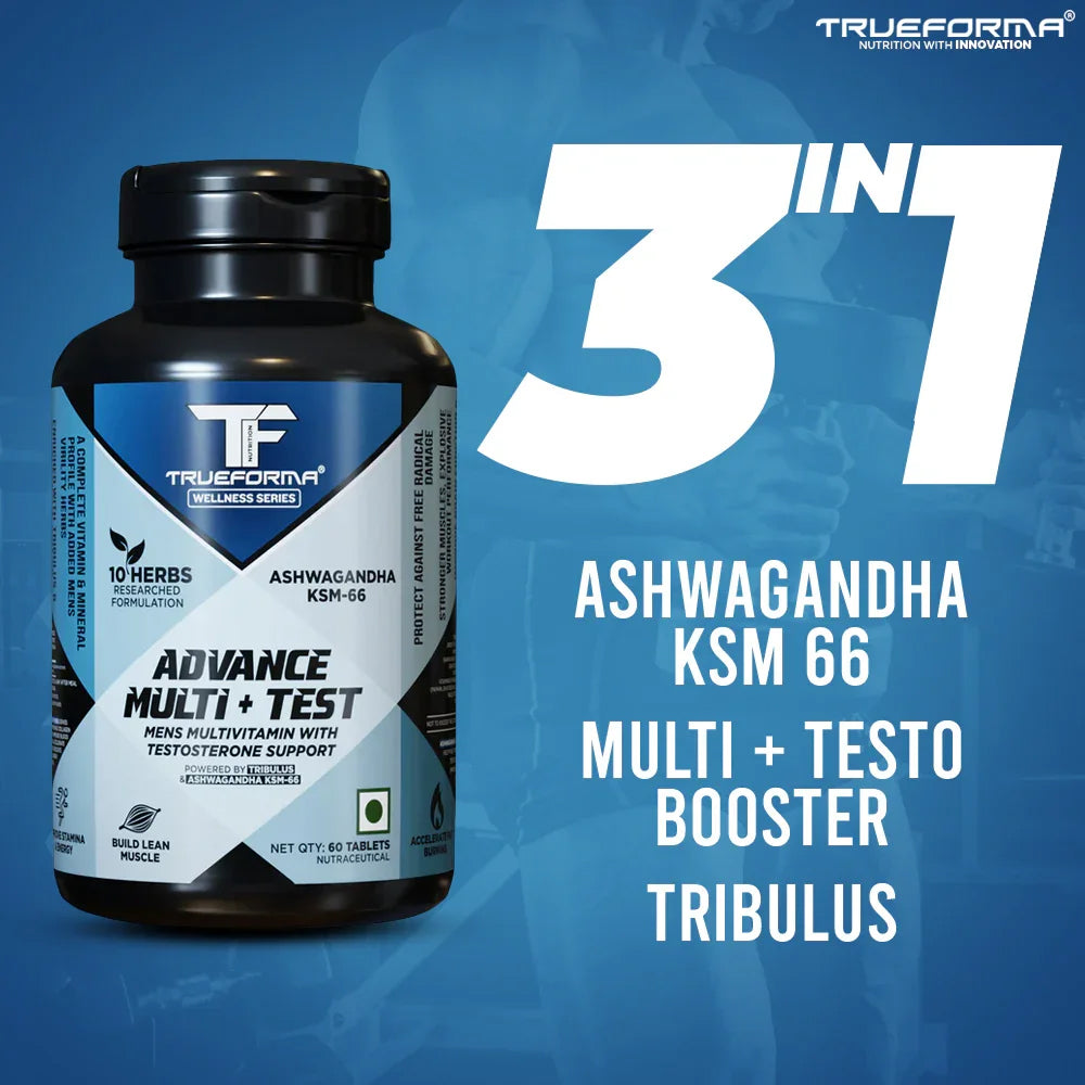 Trueforma Advance Multi + Test | Men’s Multivitamin with Ashwagandha KSM-66 & Tribulus | Energy, Strength & Testosterone Support (60 Tablets)