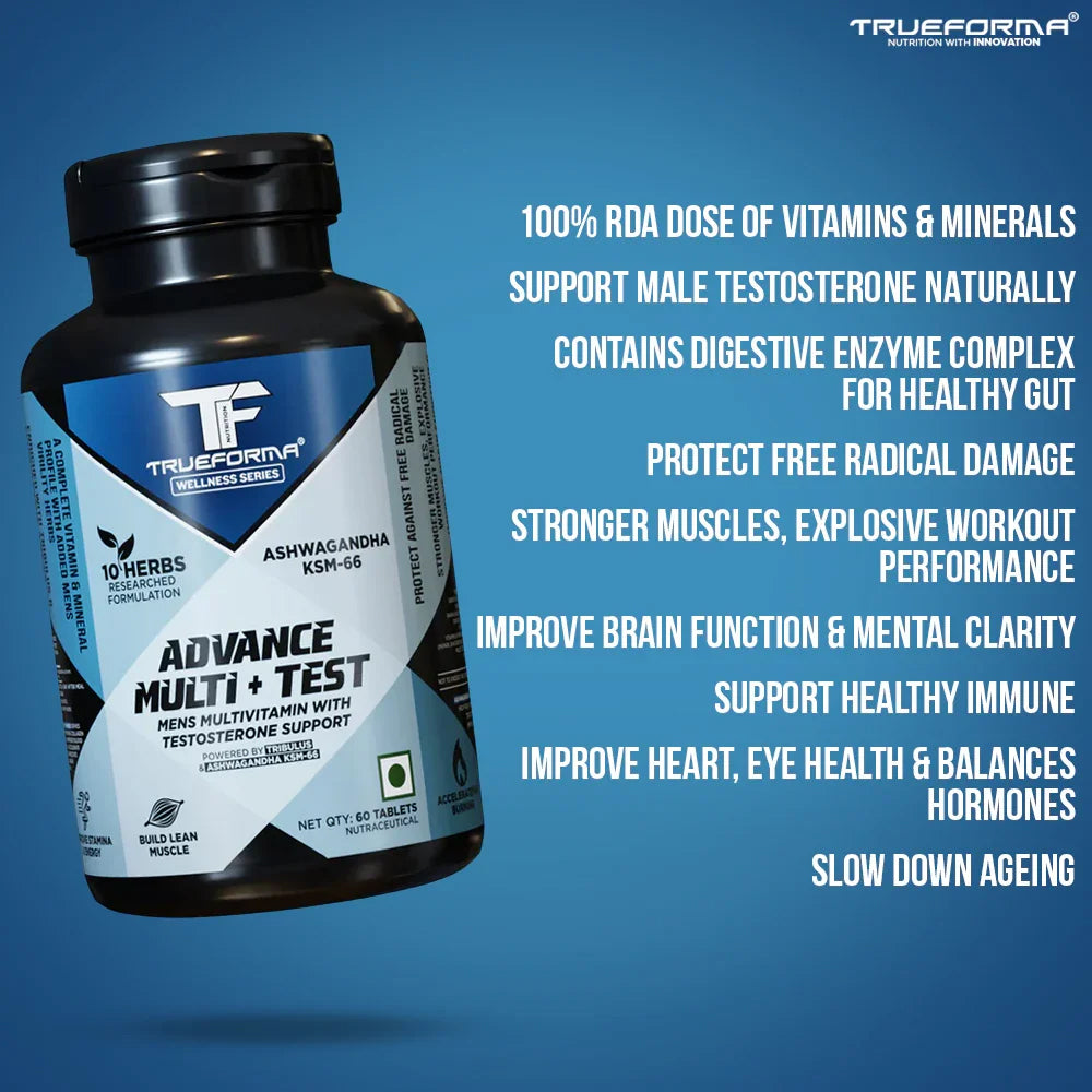 Trueforma Advance Multi + Test | Men’s Multivitamin with Ashwagandha KSM-66 & Tribulus | Energy, Strength & Testosterone Support (60 Tablets)