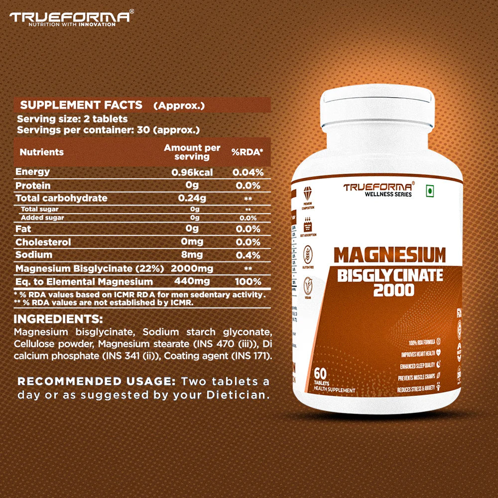 Trueforma Magnesium Bisglycinate 2000mg | Better Sleep, Stress Relief & Muscle Recovery | High Absorption Formula (60 Tablets)