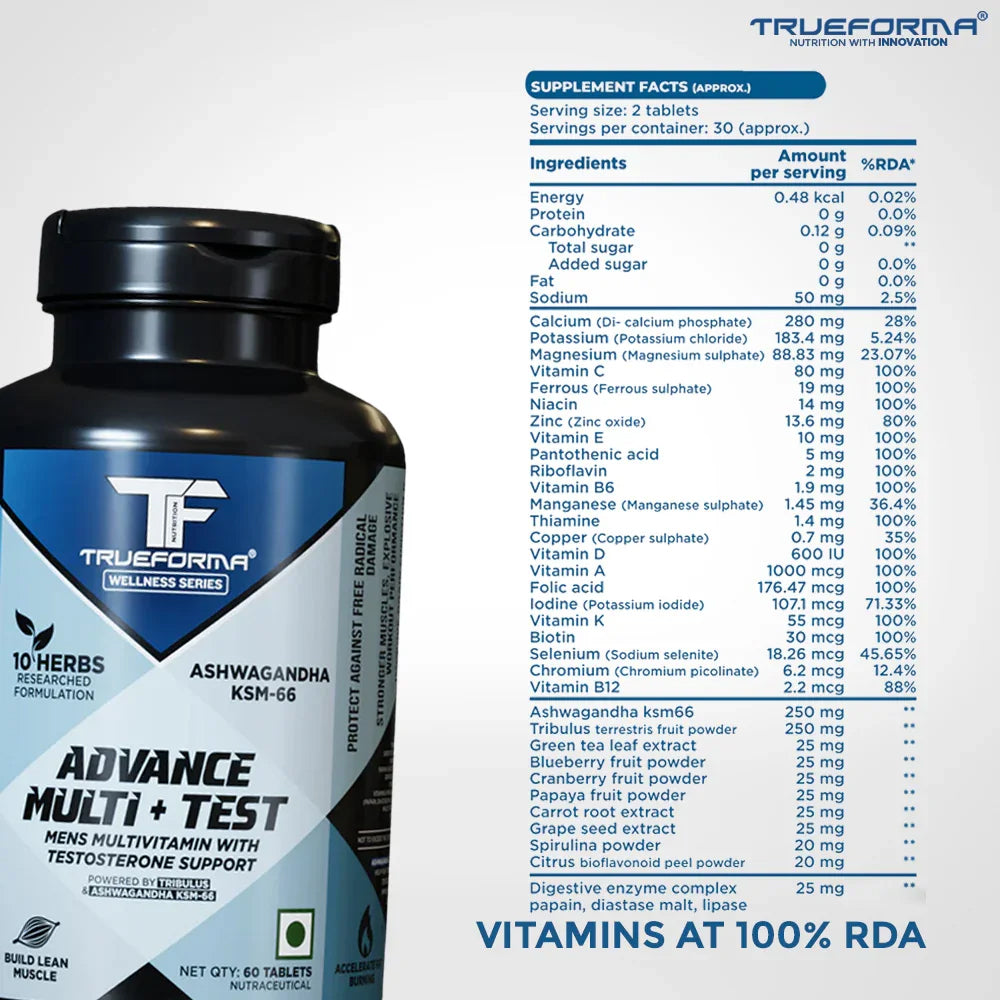 Trueforma Advance Multi + Test | Men’s Multivitamin with Ashwagandha KSM-66 & Tribulus | Energy, Strength & Testosterone Support (60 Tablets)