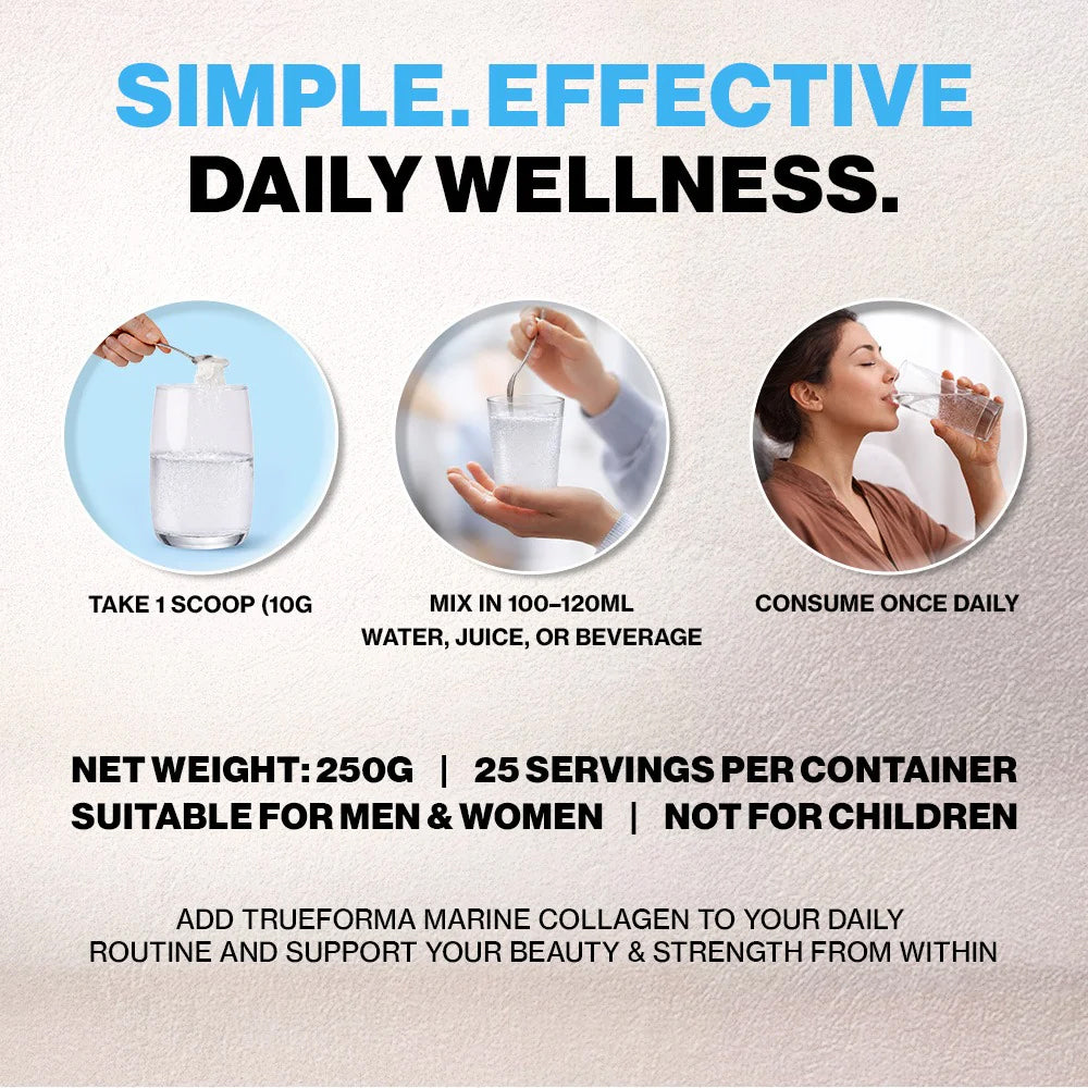 Trueforma Marine Collagen Powder | Type I & III | Skin Glow, Hair, Joints & Anti-Aging Support (250g / 25 Servings)