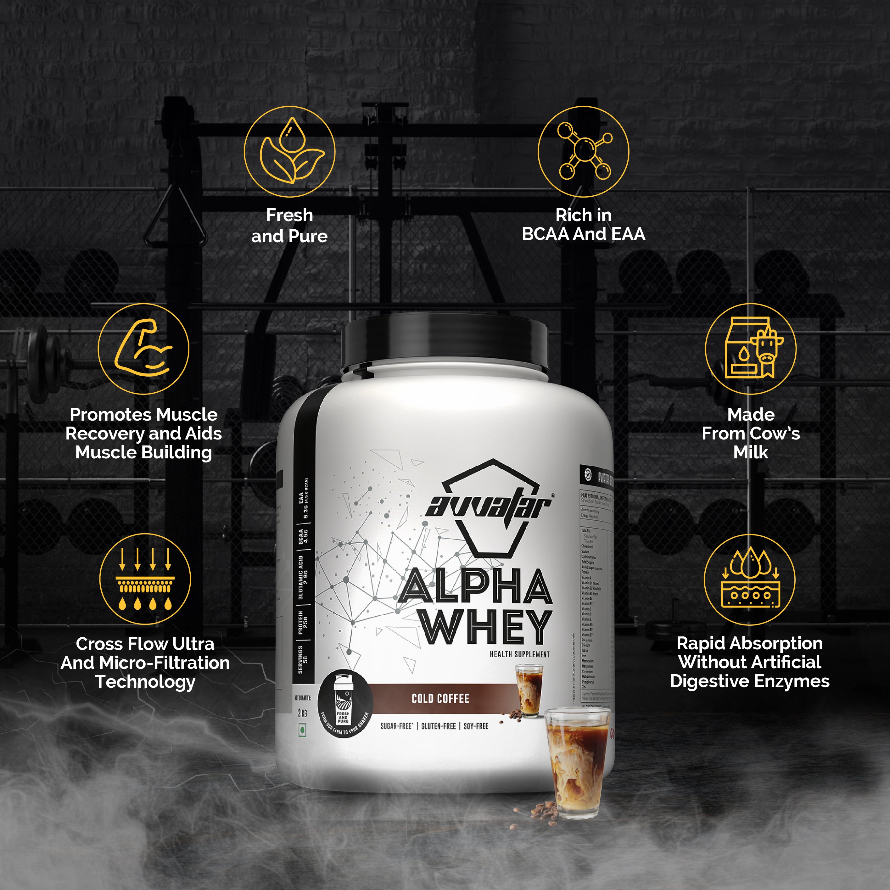 Avvatar Alpha Whey Protein | 2 Kg | 25g Protein per Serving | Whey & Milk Protein Blend