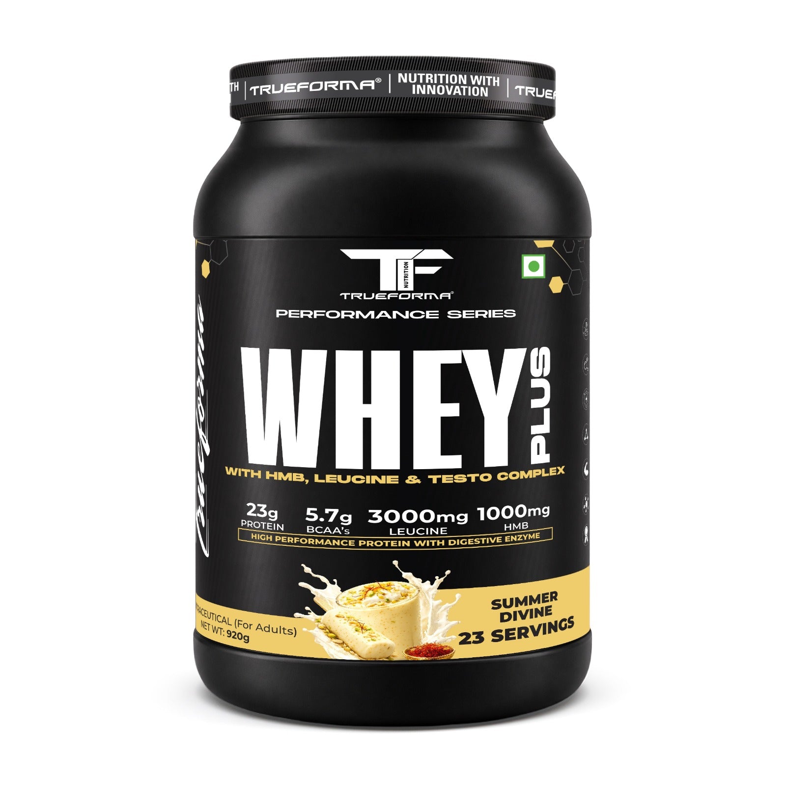 Whey Plus Protein Powder | 23g Protein, BCAA, Leucine & HMB | Muscle Growth & Recovery | 50 Servings | Trueforma