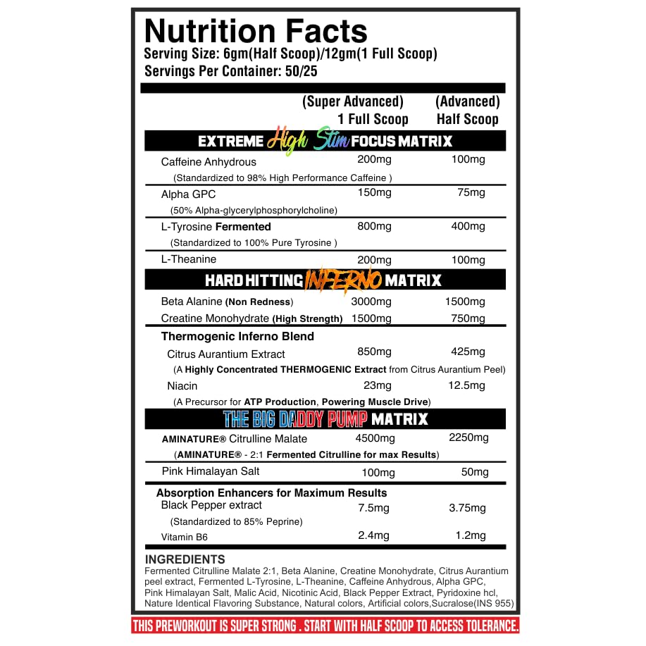 Black Beast The Big Daddy Inferno Pre workout (ZOMBIE JUICE) 4500mg Aminature® Fermented Citrulline Malate, 150mg Alpha GPC, 3000mg Beta Alanine | 50 Servings