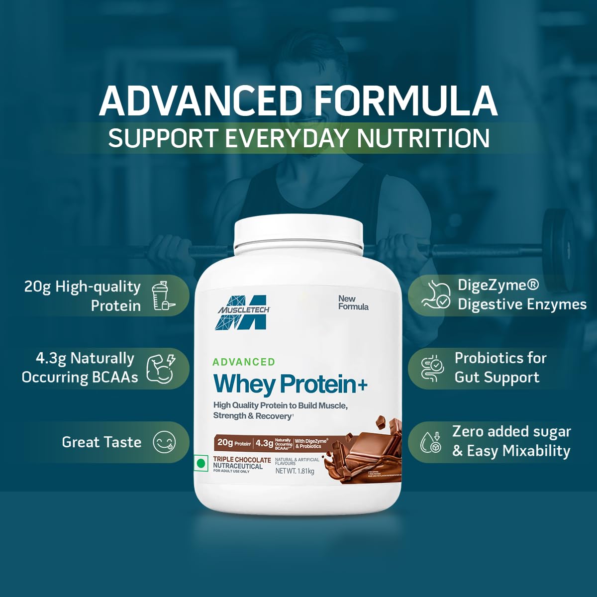 MuscleTech Advance Whey Protein+ | 20 g Protein & 4.3 g BCAAs Per Serving | With DigeZyme® & Probiotics | Supports Muscle, Strength & Recovery | Triple Chocolate | 1.81 kg
