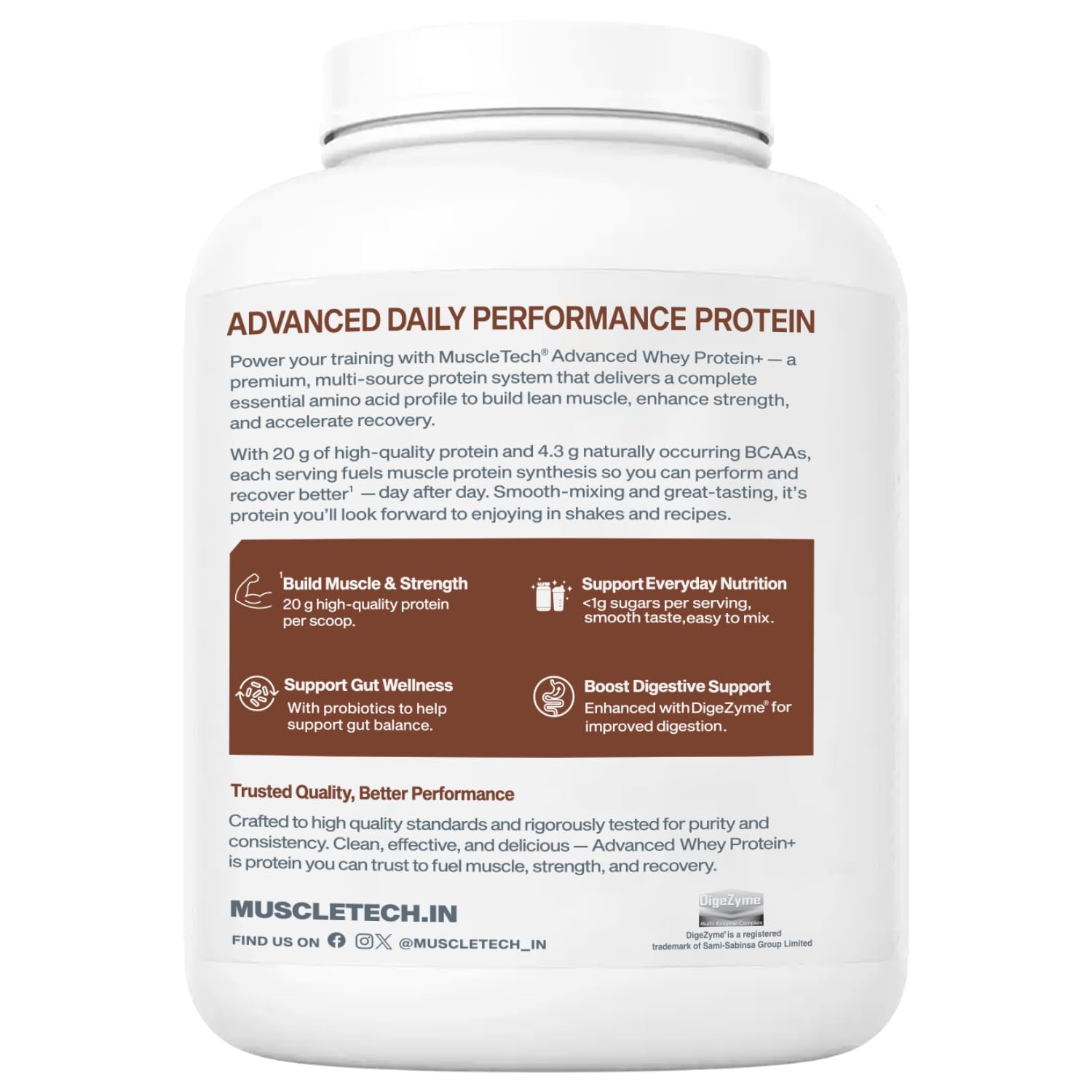 MuscleTech Advance Whey Protein+ | 20 g Protein & 4.3 g BCAAs Per Serving | With DigeZyme® & Probiotics | Supports Muscle, Strength & Recovery | Triple Chocolate | 1.81 kg
