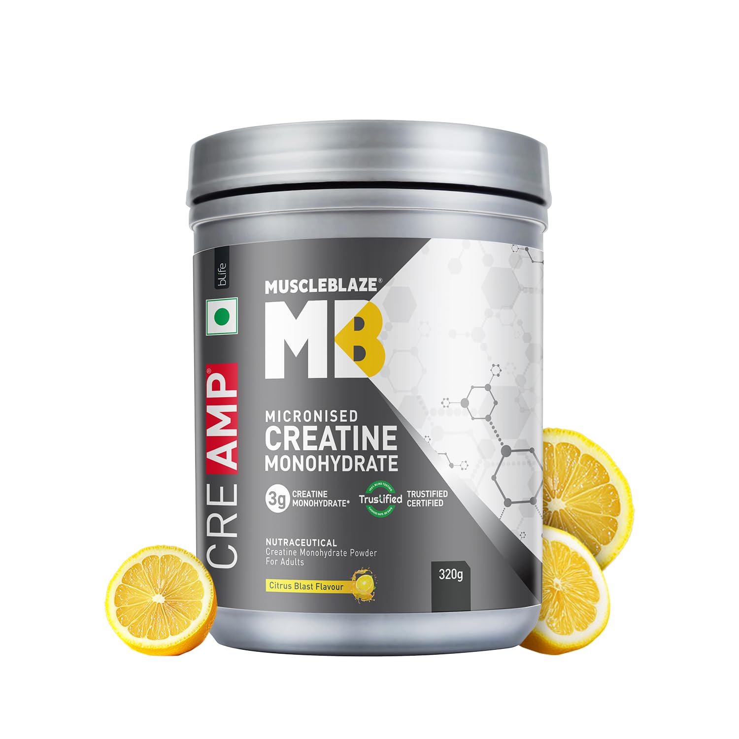 MuscleBlaze Micronised Creatine Monohydrate CreAMP Powder, 320g | Citrus Blast, 80 Servings | Trustified Certified Creatine