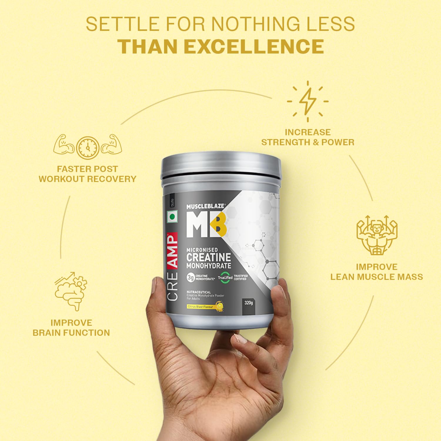 MuscleBlaze Micronised Creatine Monohydrate CreAMP Powder, 320g | Citrus Blast, 80 Servings | Trustified Certified Creatine