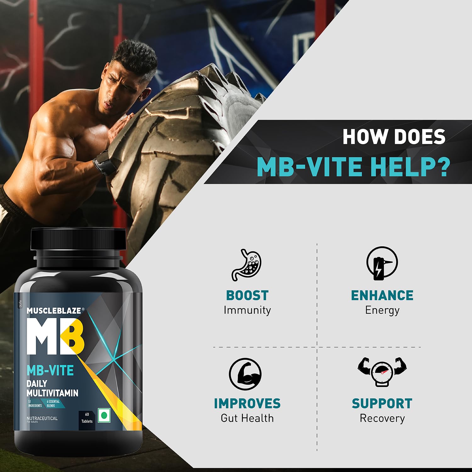 MuscleBlaze MB-Vite Daily Multivitamin, 60 Tablets | With 51 Ingredients & 6 Blends | For Energy, Stamina & Recovery