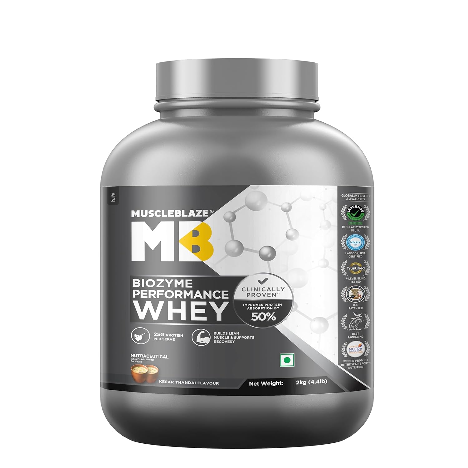 MuscleBlaze Biozyme Performance Whey Protein Powder, 2kg (4.4lbs) | 25g Protein Per Scoop | Clinically Tested 50% Higher Protein Absorption