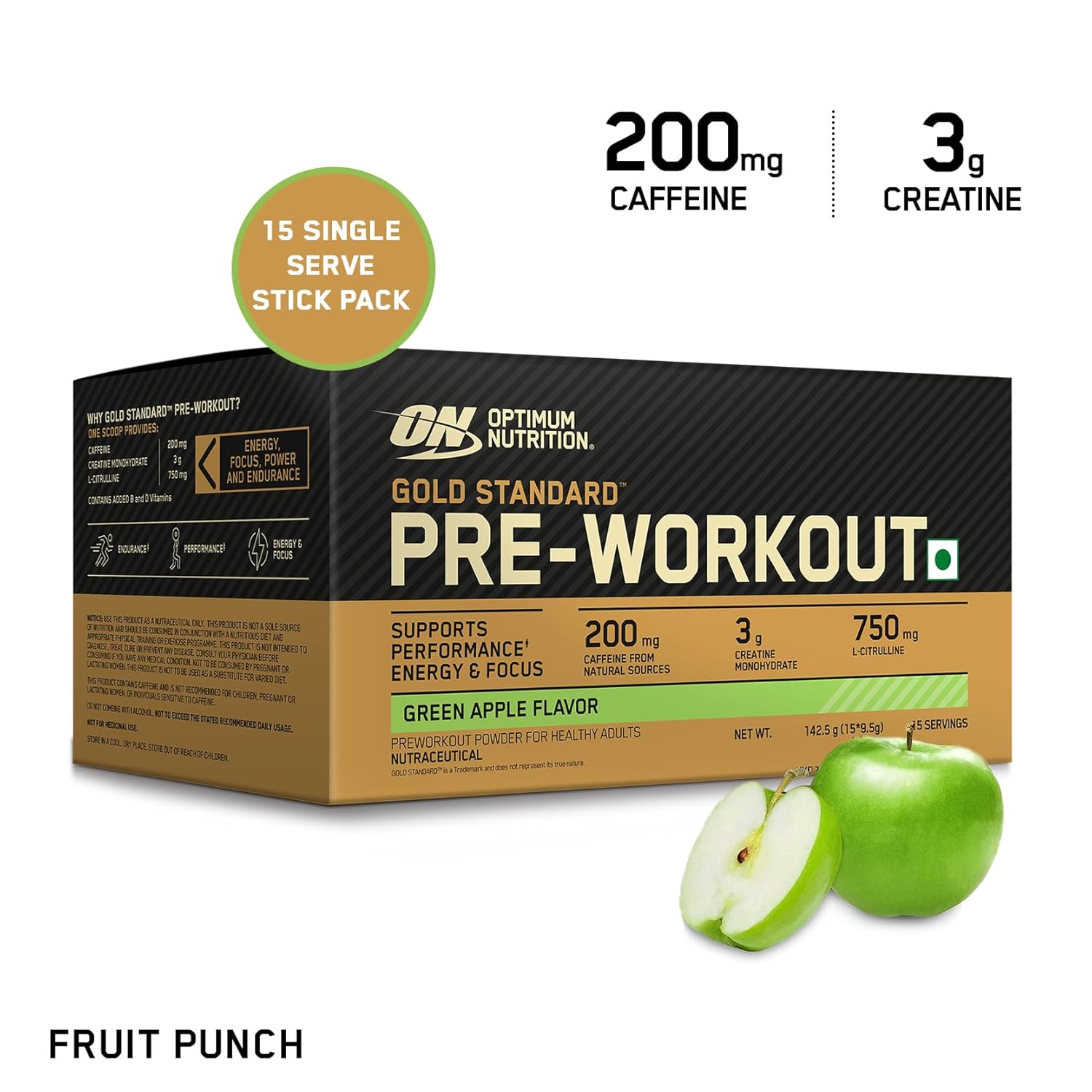 Optimum Nutrition (ON) Gold Standard Pre-Workout- 142.5g/15 single serve packs (Green Apple Flavor), For Energy, Focus, Power, Endurance & Performance