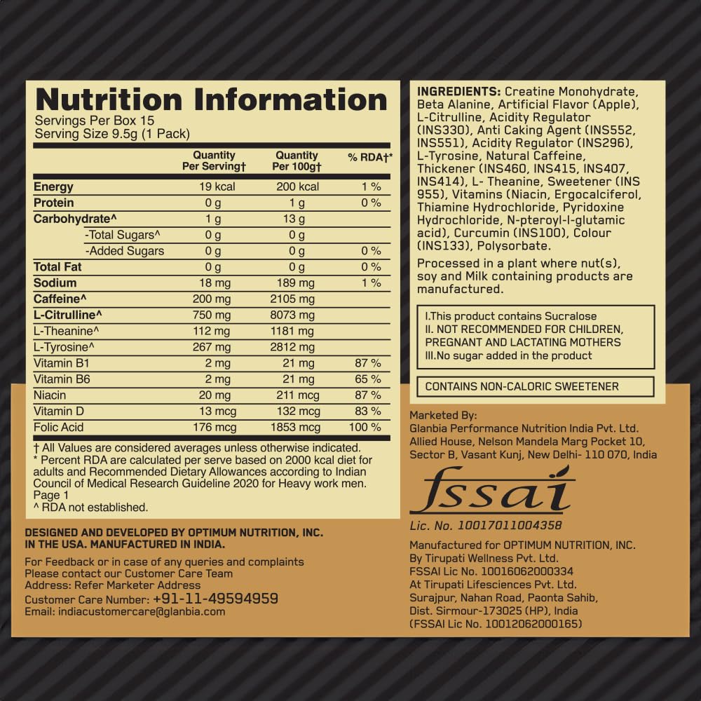 Optimum Nutrition (ON) Gold Standard Pre-Workout- 142.5g/15 single serve packs (Green Apple Flavor), For Energy, Focus, Power, Endurance & Performance