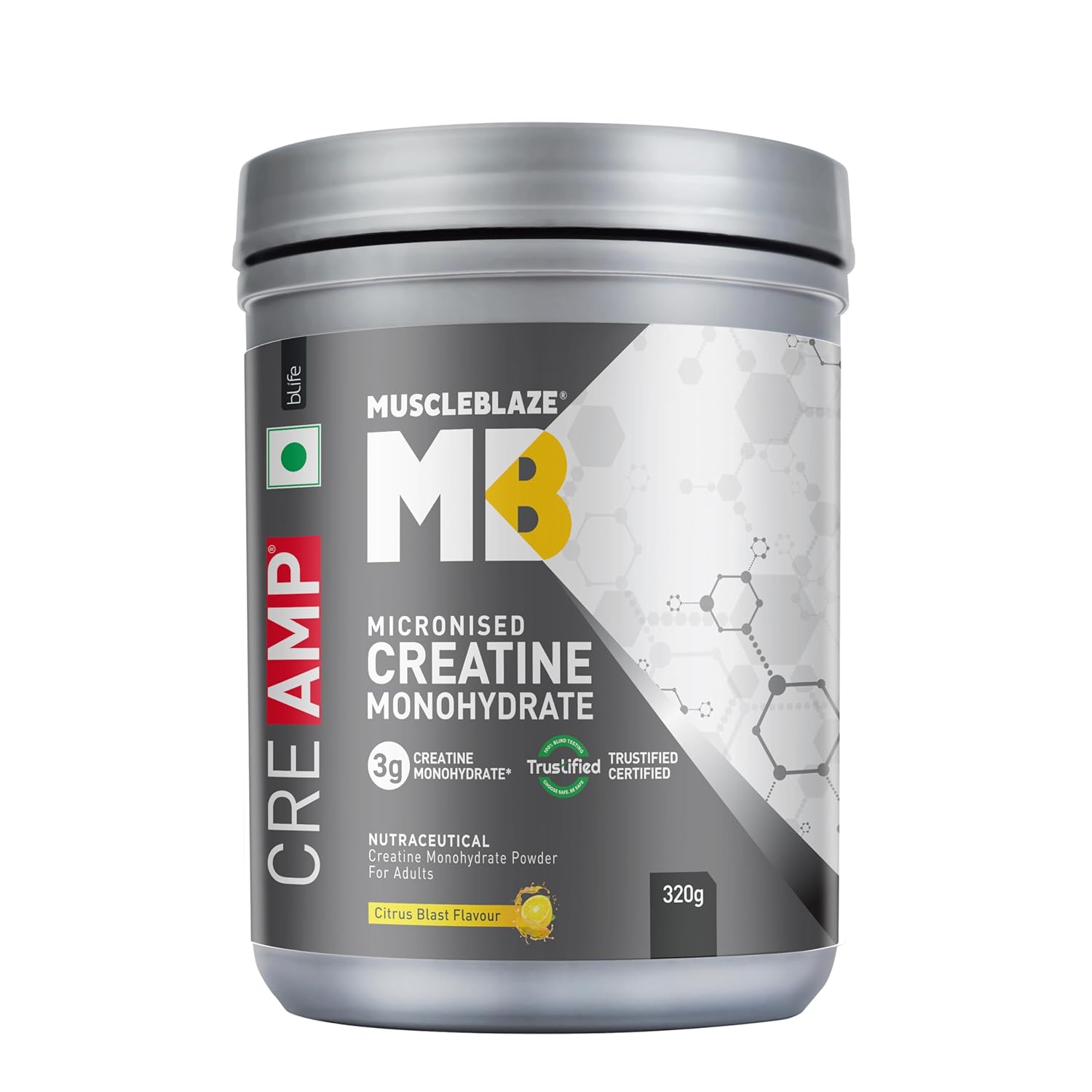 MuscleBlaze Micronised Creatine Monohydrate CreAMP Powder, 320g | Citrus Blast, 80 Servings | Trustified Certified Creatine