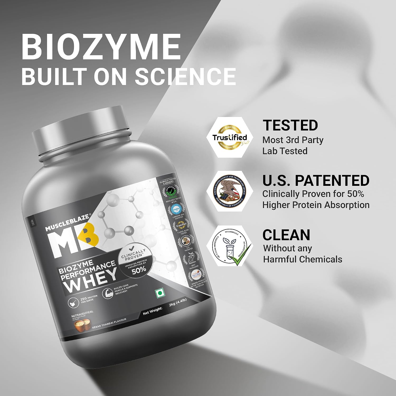 MuscleBlaze Biozyme Performance Whey Protein Powder, 2kg (4.4lbs) | 25g Protein Per Scoop | Clinically Tested 50% Higher Protein Absorption
