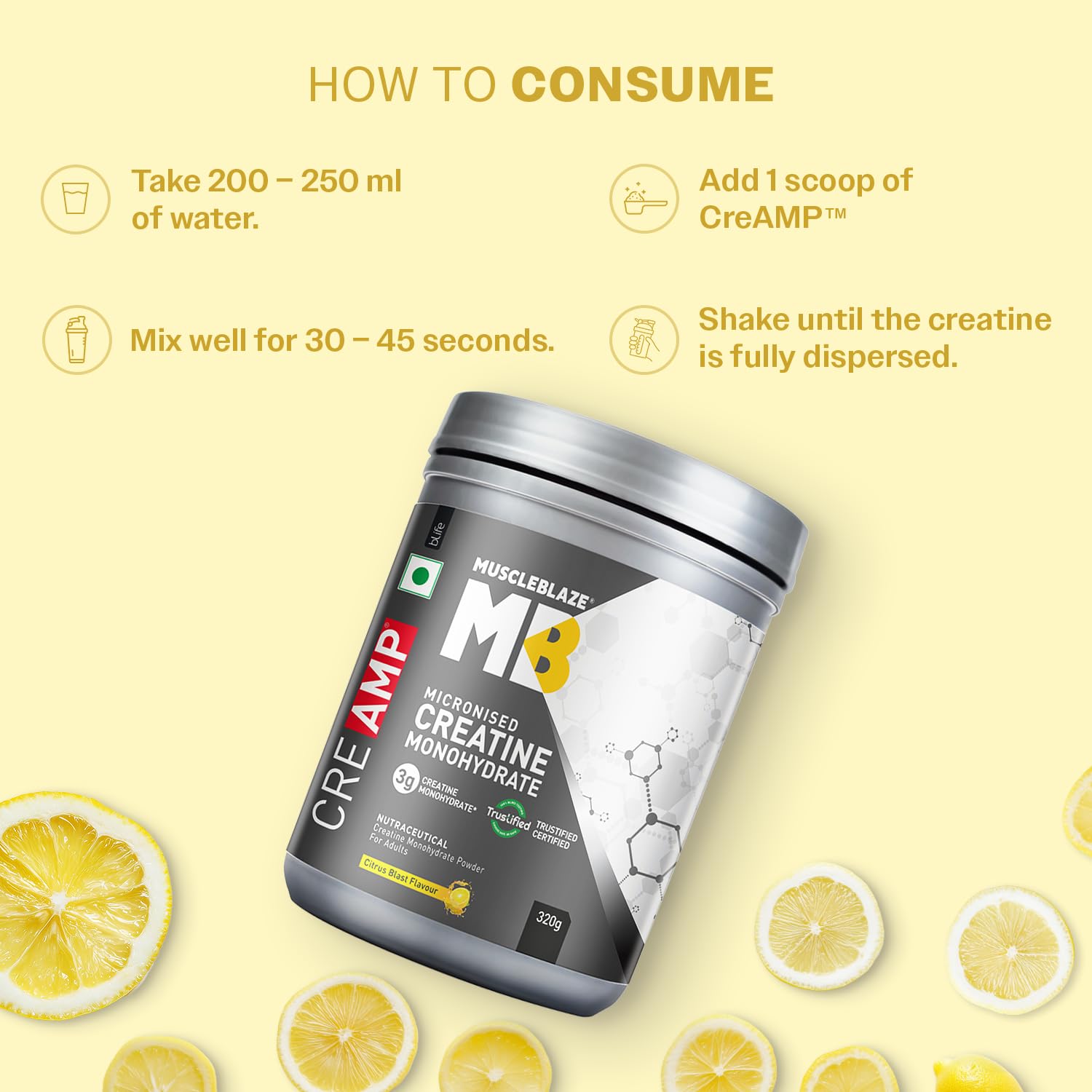 MuscleBlaze Micronised Creatine Monohydrate CreAMP Powder, 320g | Citrus Blast, 80 Servings | Trustified Certified Creatine