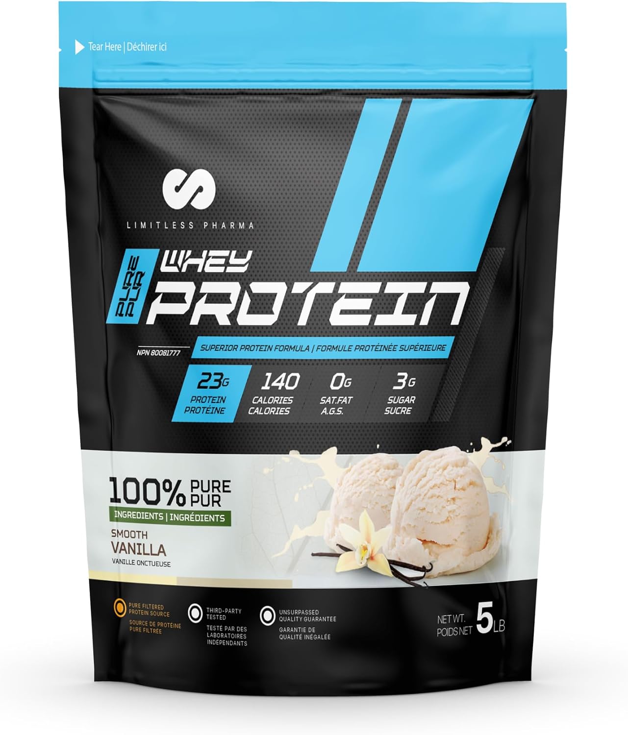 Limitless Pharma Pure Whey Protein – 23g Protein | 6g BCAAs | 5LB | 65 Servings | Made in Canada