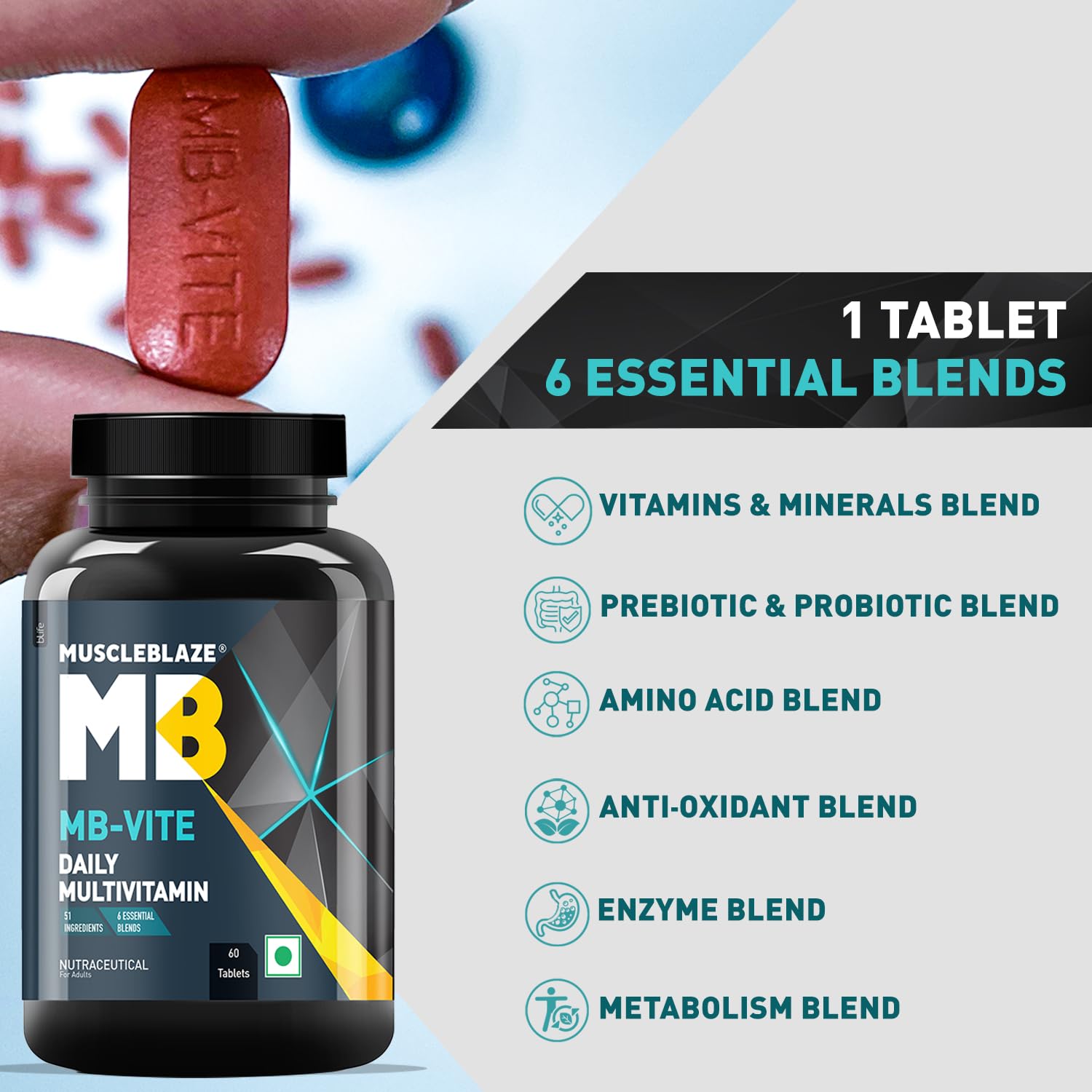 MuscleBlaze MB-Vite Daily Multivitamin, 60 Tablets | With 51 Ingredients & 6 Blends | For Energy, Stamina & Recovery