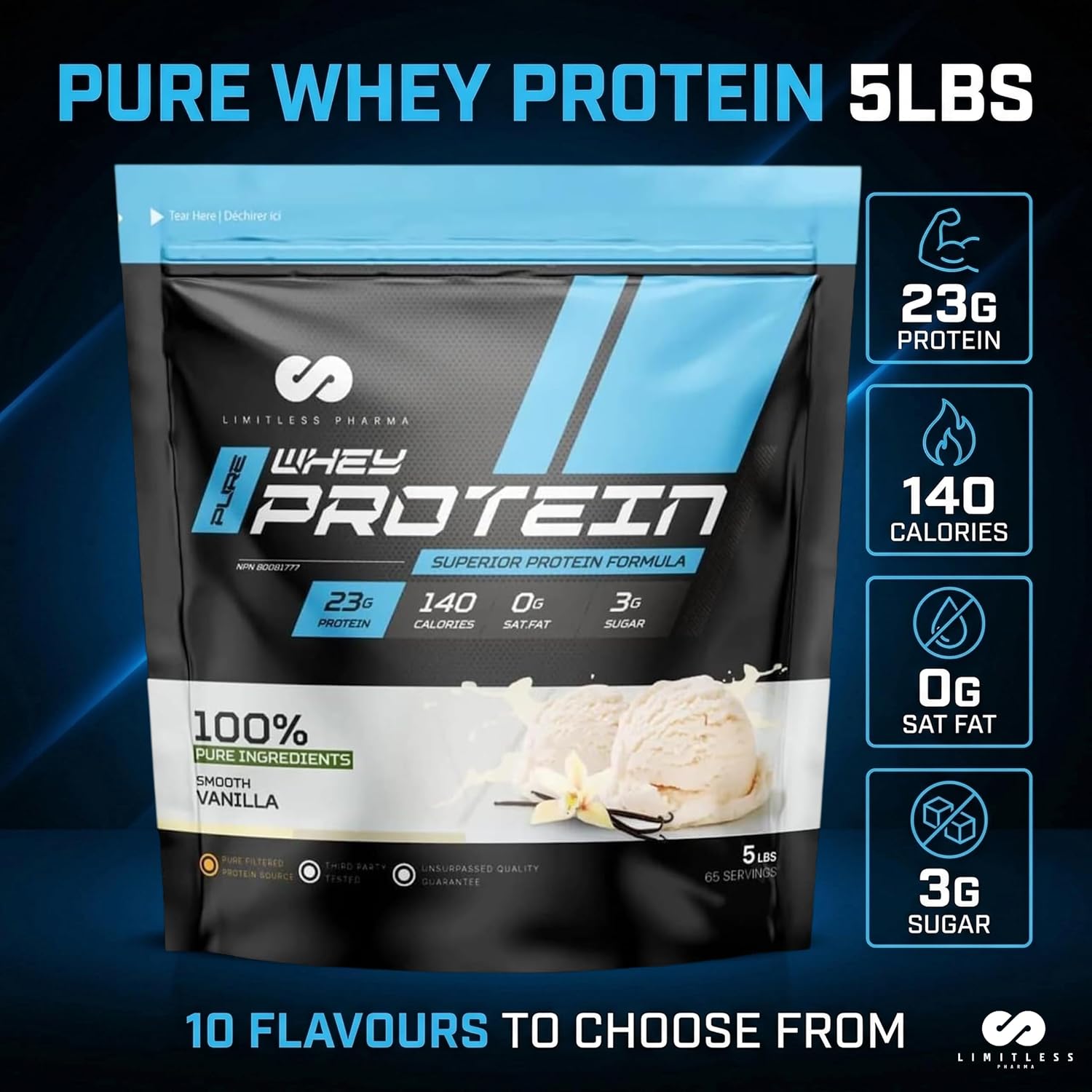 Limitless Pharma Pure Whey Protein – 23g Protein | 6g BCAAs | 5LB | 65 Servings | Made in Canada