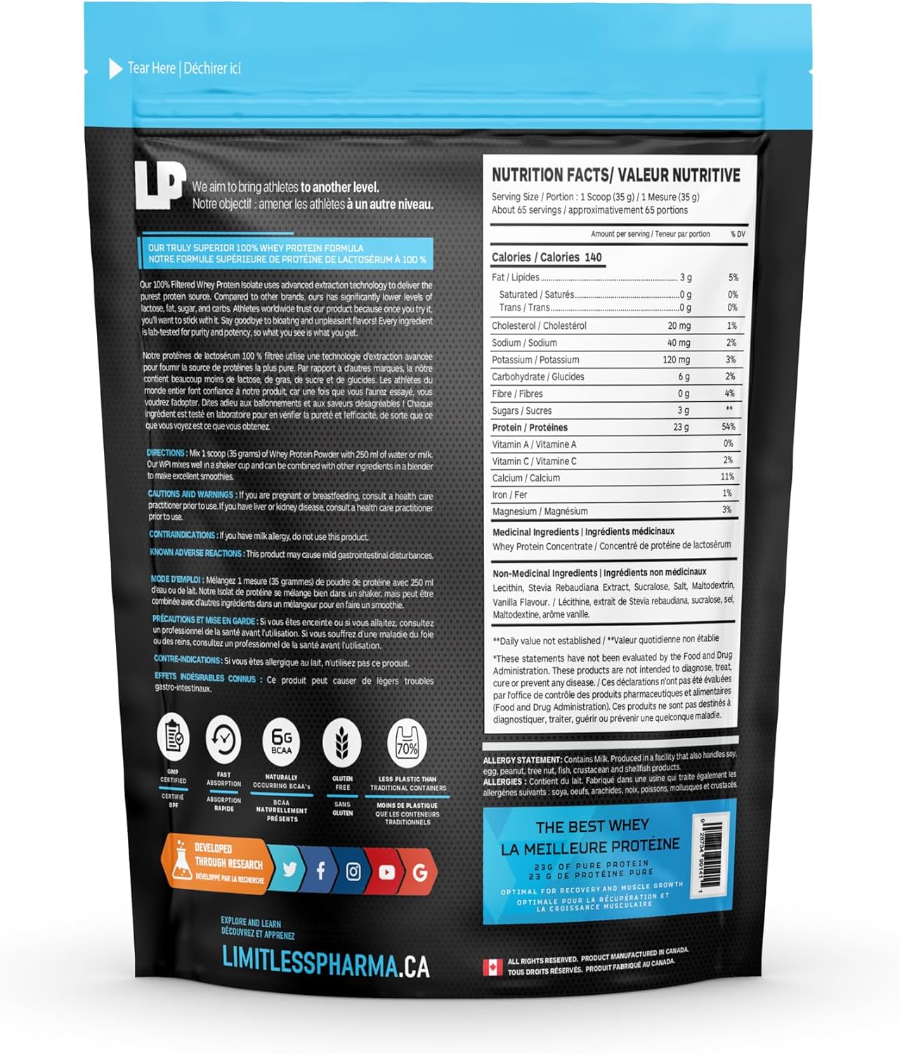 Limitless Pharma Pure Whey Protein – 23g Protein | 6g BCAAs | 5LB | 65 Servings | Made in Canada