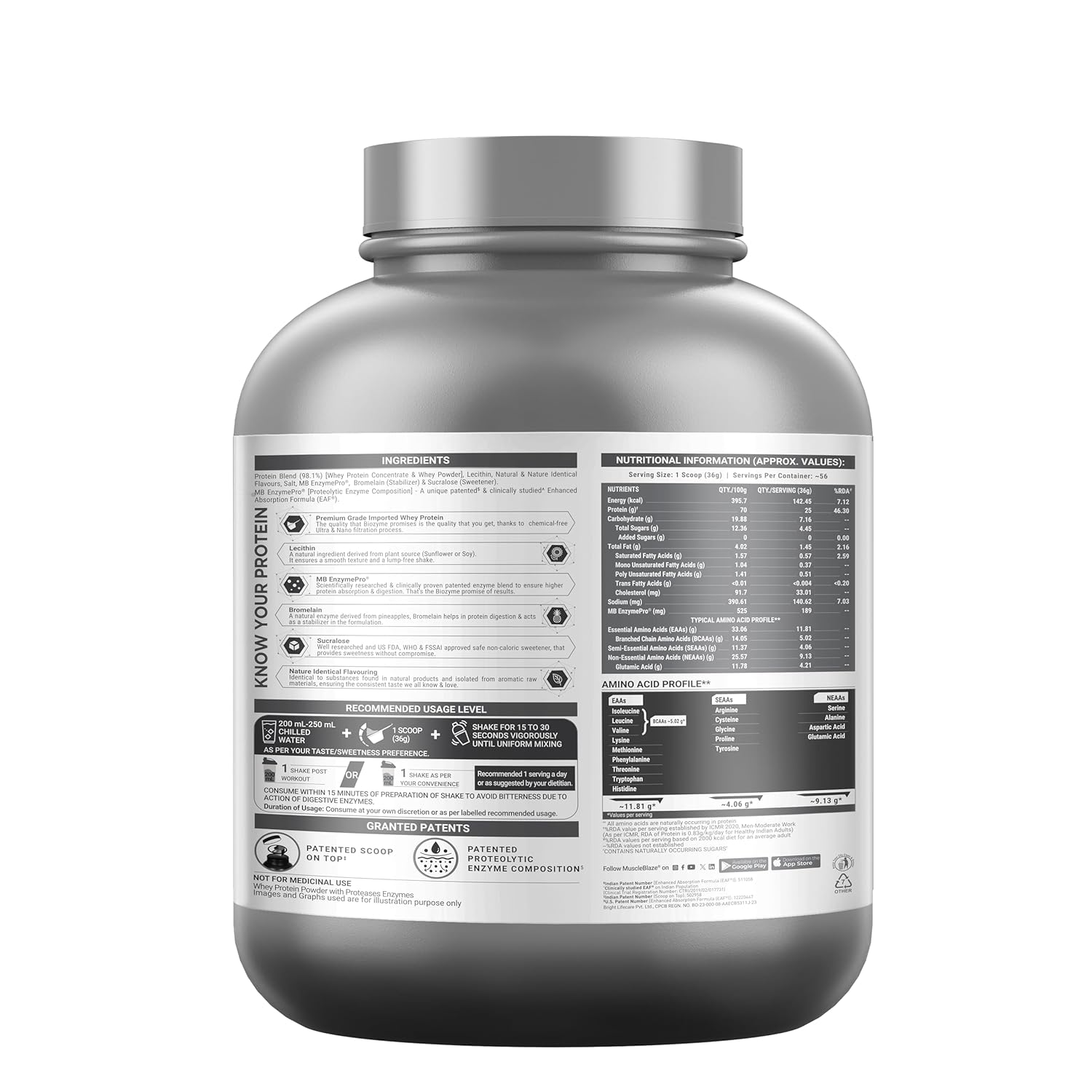 MuscleBlaze Biozyme Performance Whey Protein Powder, 2kg (4.4lbs) | 25g Protein Per Scoop | Clinically Tested 50% Higher Protein Absorption