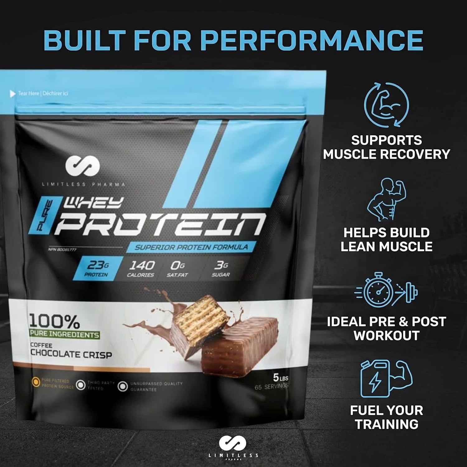 Limitless Pharma Pure Whey Protein – 23g Protein | 6g BCAAs | 5LB | 65 Servings | Made in Canada