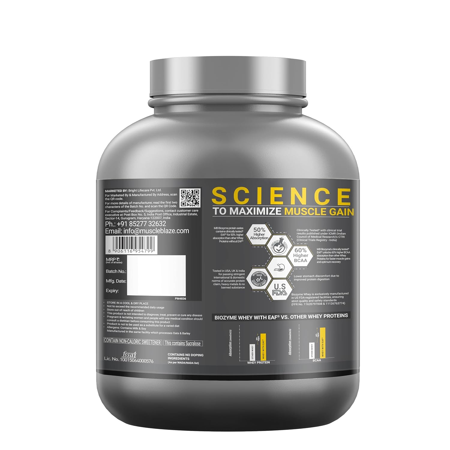 MuscleBlaze Biozyme Performance Whey Protein Powder, 2kg (4.4lbs) | 25g Protein Per Scoop | Clinically Tested 50% Higher Protein Absorption