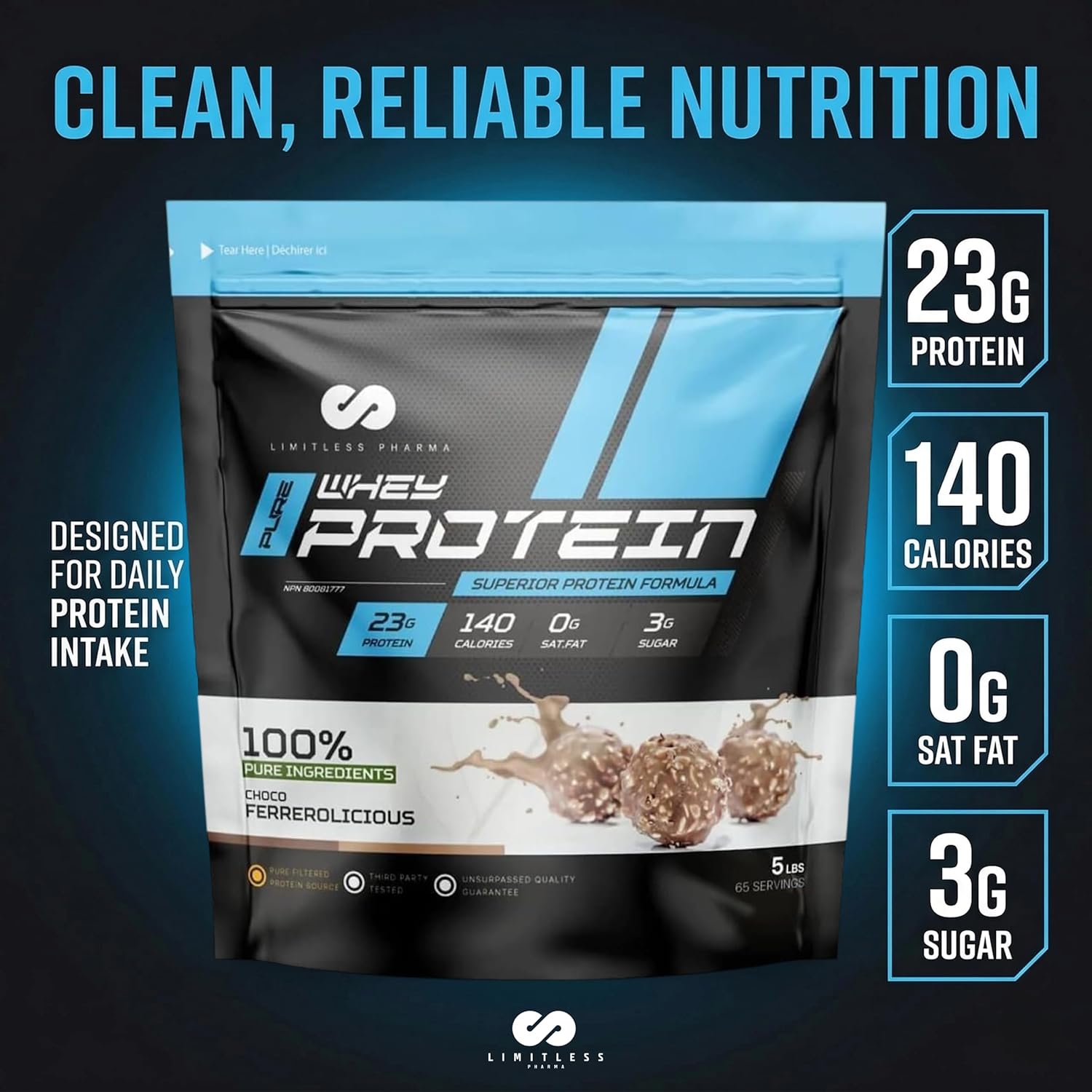 Limitless Pharma Pure Whey Protein – 23g Protein | 6g BCAAs | 5LB | 65 Servings | Made in Canada