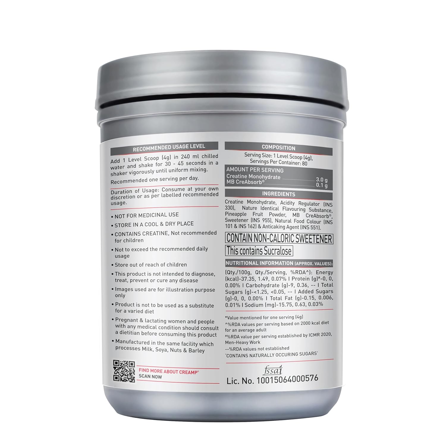 MuscleBlaze Micronised Creatine Monohydrate CreAMP Powder, 320g | Citrus Blast, 80 Servings | Trustified Certified Creatine