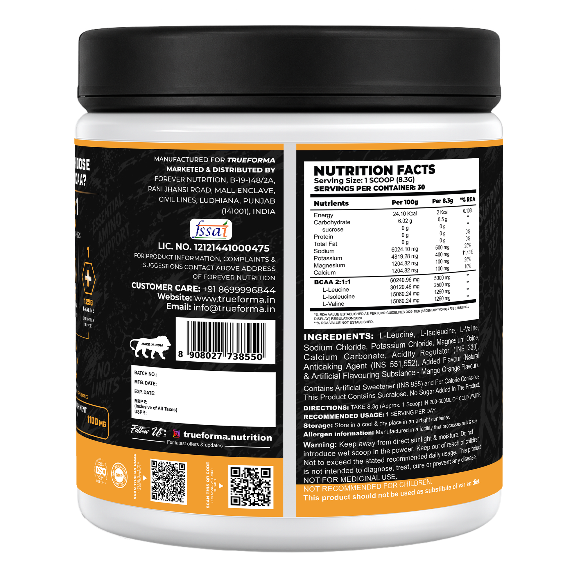 Trueforma® Hydra BCAA – 2:1:1 BCAA + Electrolytes | 30 Servings