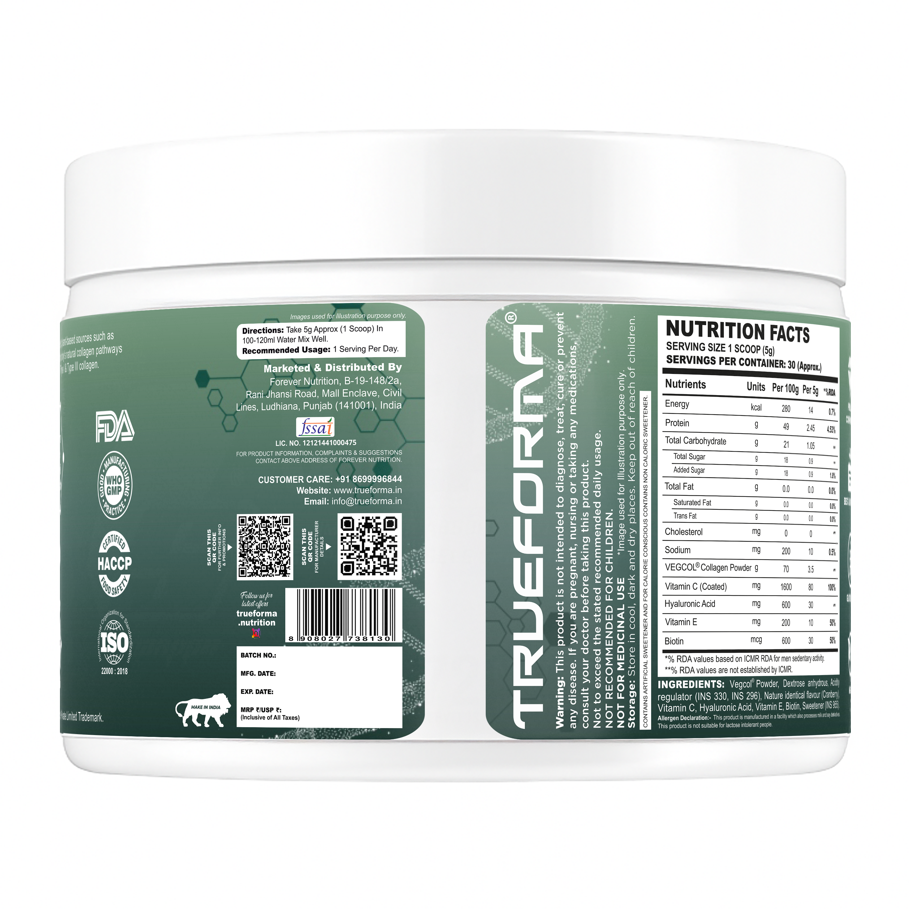 Trueforma® Veg Collagen with Type I & Type III With Vitamin C & Hyaluronic Acid | 30 Servings