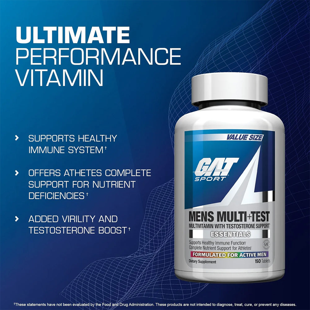 GAT Sport Men's Multi+Test Essentials | Multivitamin with Testosterone Support | Daily Men's Health Formula | 60 Tablets
