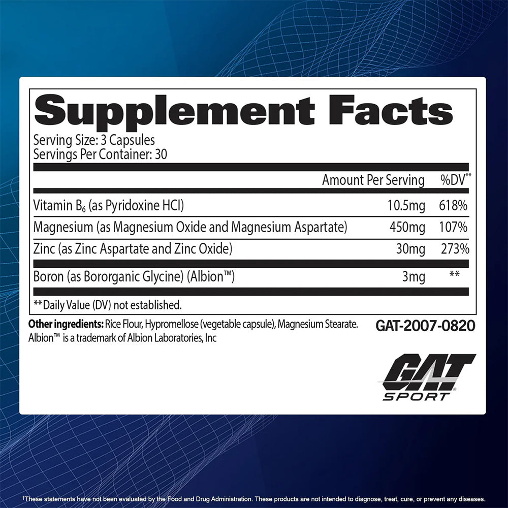 GAT Sport ZMAG-T Essentials | Zinc, Magnesium, Vitamin B6 & Boron Supplement | Overnight Recovery & Testosterone Support | 90 Veg Capsules