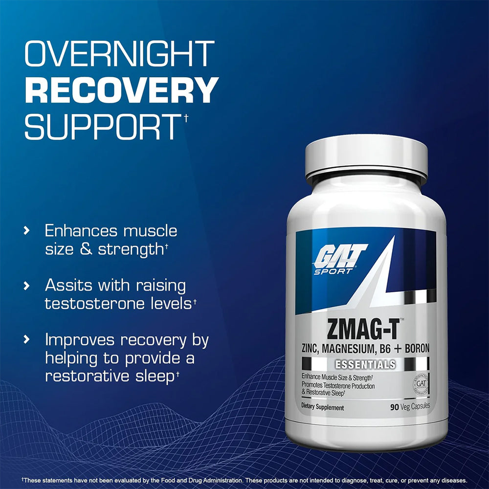 GAT Sport ZMAG-T Essentials | Zinc, Magnesium, Vitamin B6 & Boron Supplement | Overnight Recovery & Testosterone Support | 90 Veg Capsules