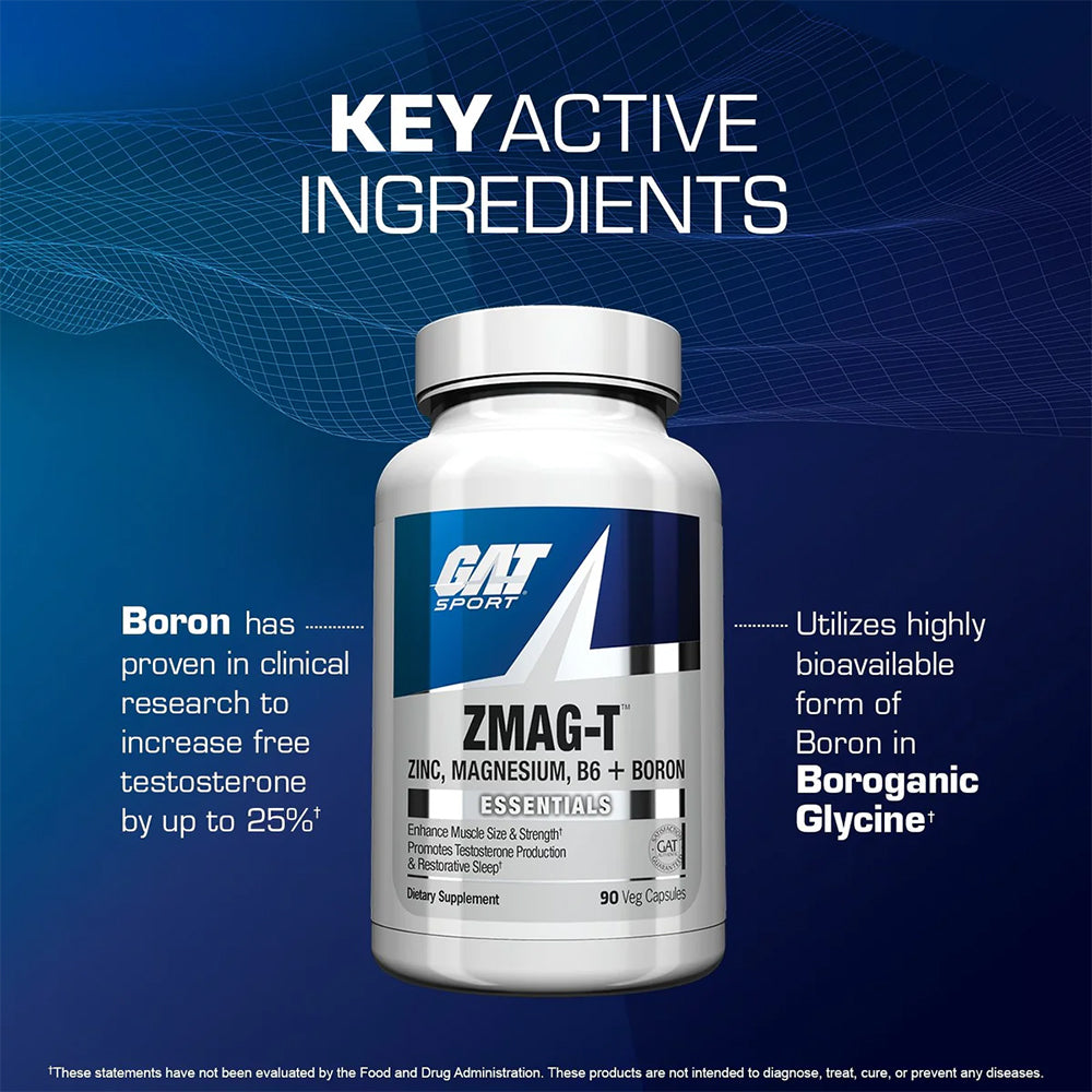 GAT Sport ZMAG-T Essentials | Zinc, Magnesium, Vitamin B6 & Boron Supplement | Overnight Recovery & Testosterone Support | 90 Veg Capsules
