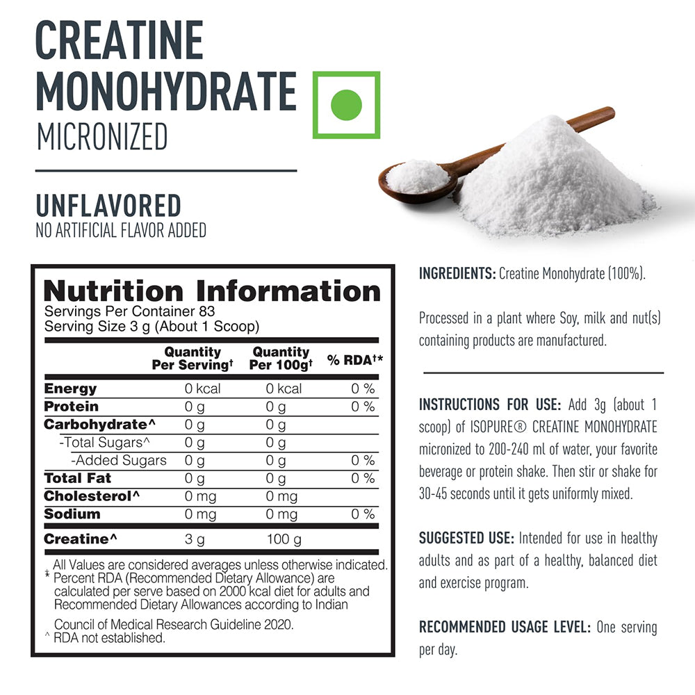 ISOPURE 100% Creatine Monohydrate Micronized Powder 250g | 83 Servings | Unflavoured Creatine