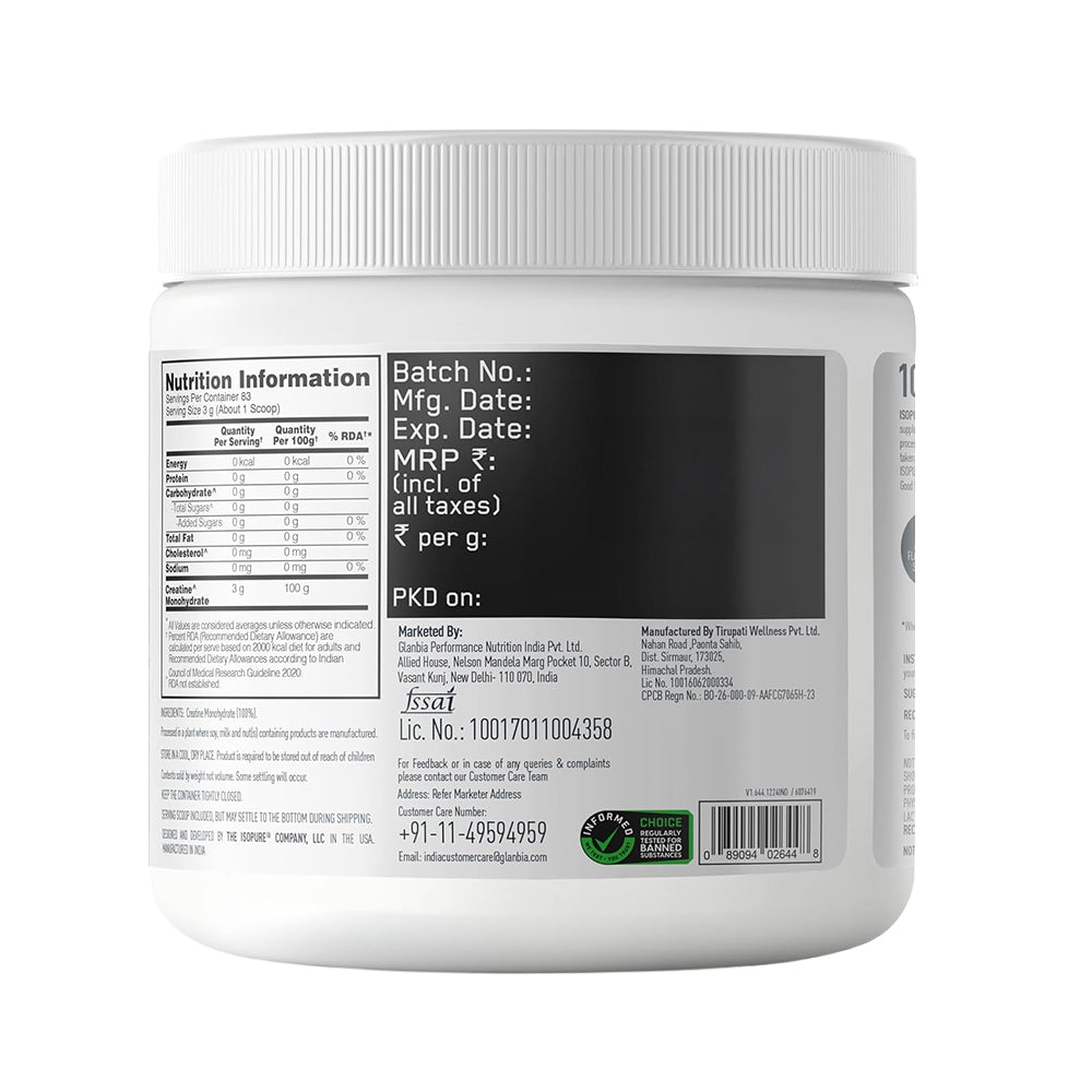 ISOPURE 100% Creatine Monohydrate Micronized Powder 250g | 83 Servings | Unflavoured Creatine