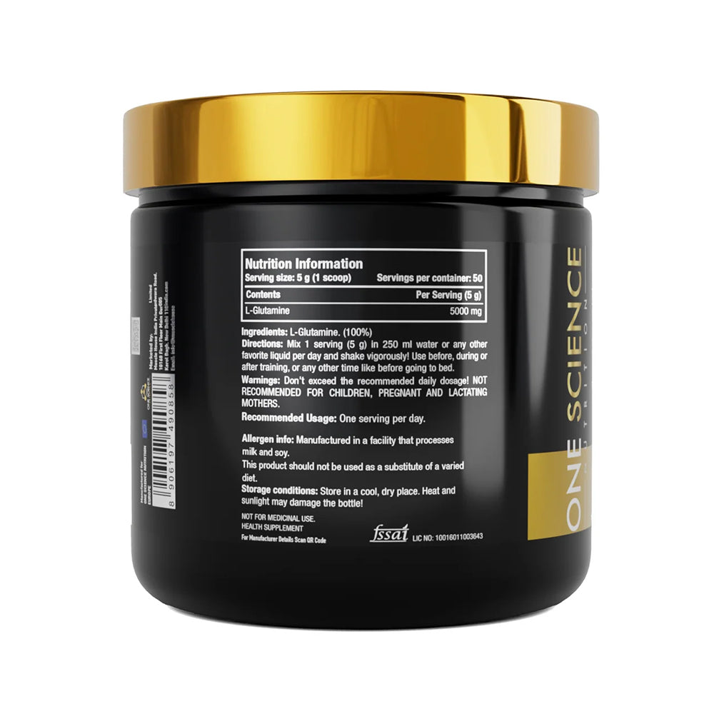One Science Glutamine 250g | L-Glutamine Powder for Muscle Recovery & Immunity | 50 Servings (Unflavoured)