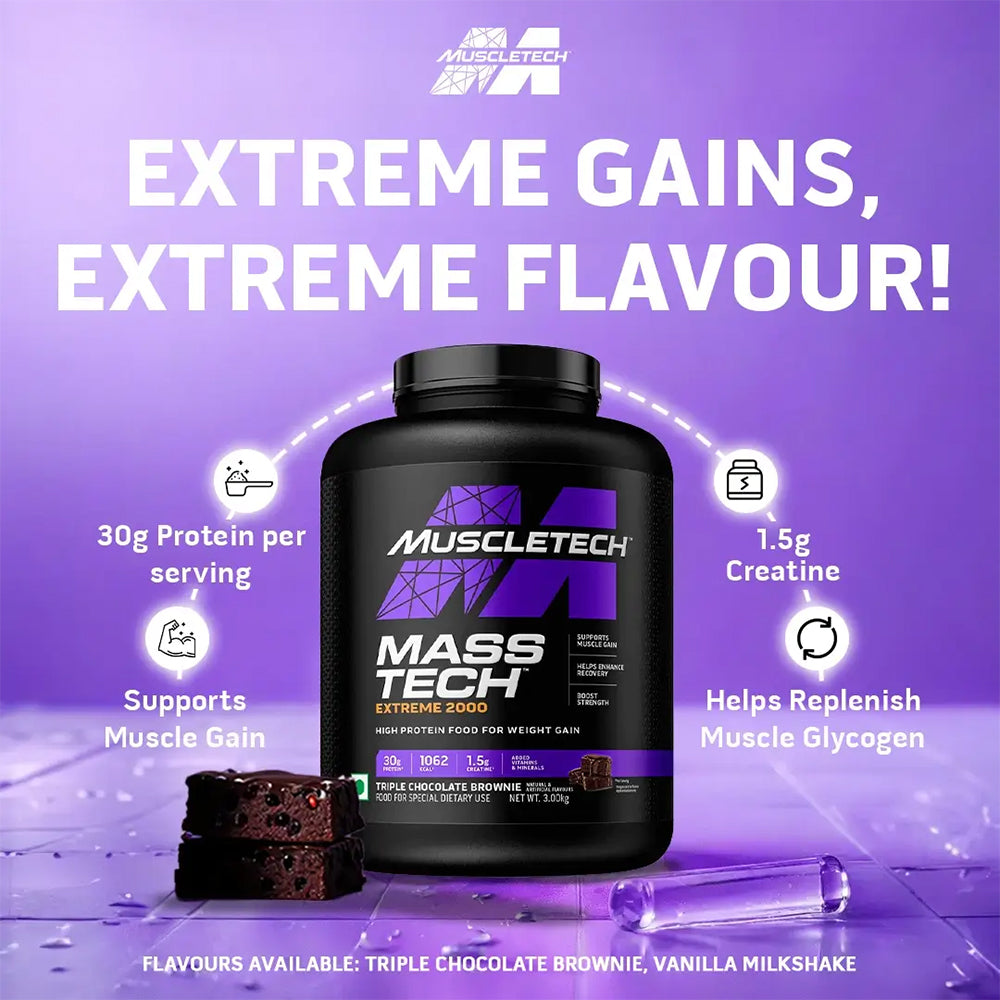 MuscleTech Mass Tech Extreme 2000 Weight Gainer | High Calorie Mass Gainer | 30g Protein + Creatine | Muscle & Size Gain