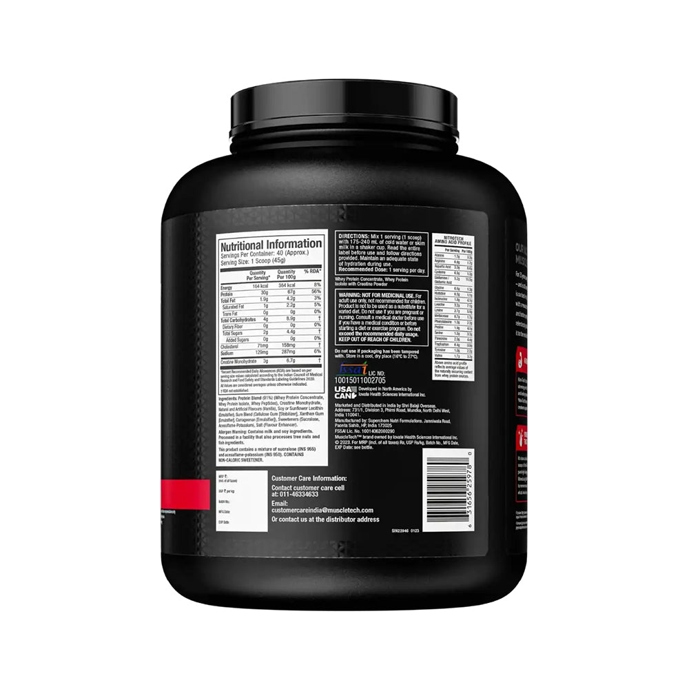 MuscleTech NitroTech Whey Protein | 30g Protein + Creatine | Muscle Building & Recovery | Lean Muscle Gain | 1.72kg