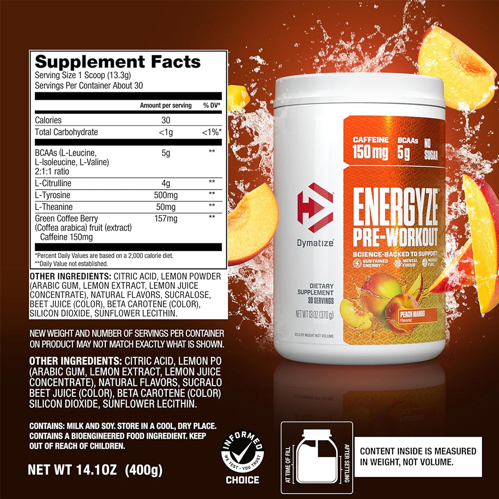 Dymatize Pre Workout | 150mg Caffeine, 5g BCAAs, Energy & Focus Booster | Gym Performance & Endurance (30 Servings)
