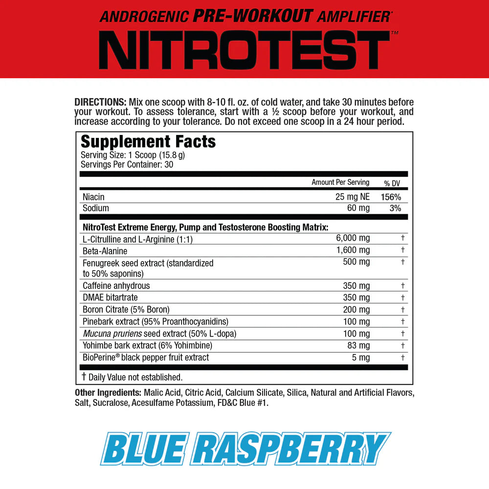 MuscleMeds NitroTest Androgenic Pre-Workout Amplifier Blue Raspberry 474g | Energy, Focus & Pump Formula