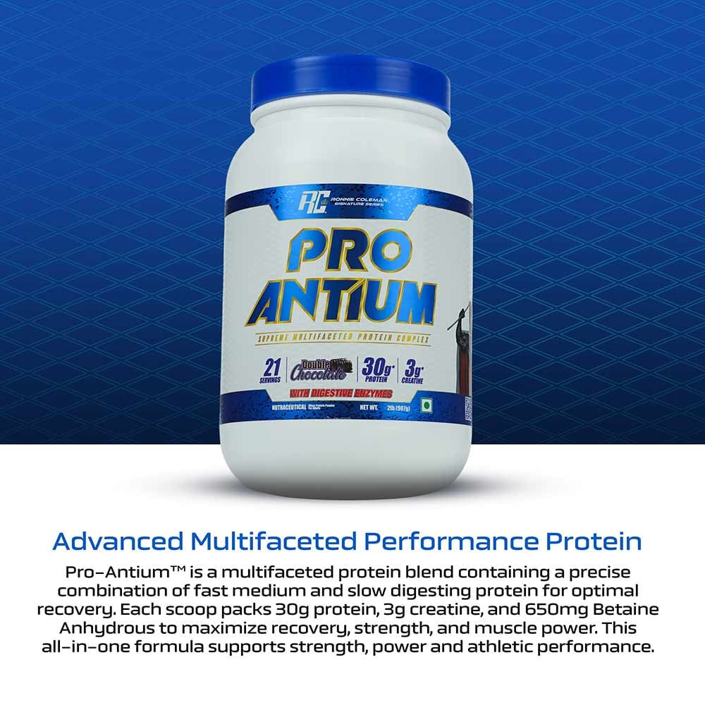 Ronnie Coleman Signature Series Pro Antium Protein Powder | 30g Protein + 3g Creatine + 650mg Betaine | Advanced Multi-Source Protein Blend | Double Chocolate | 907g