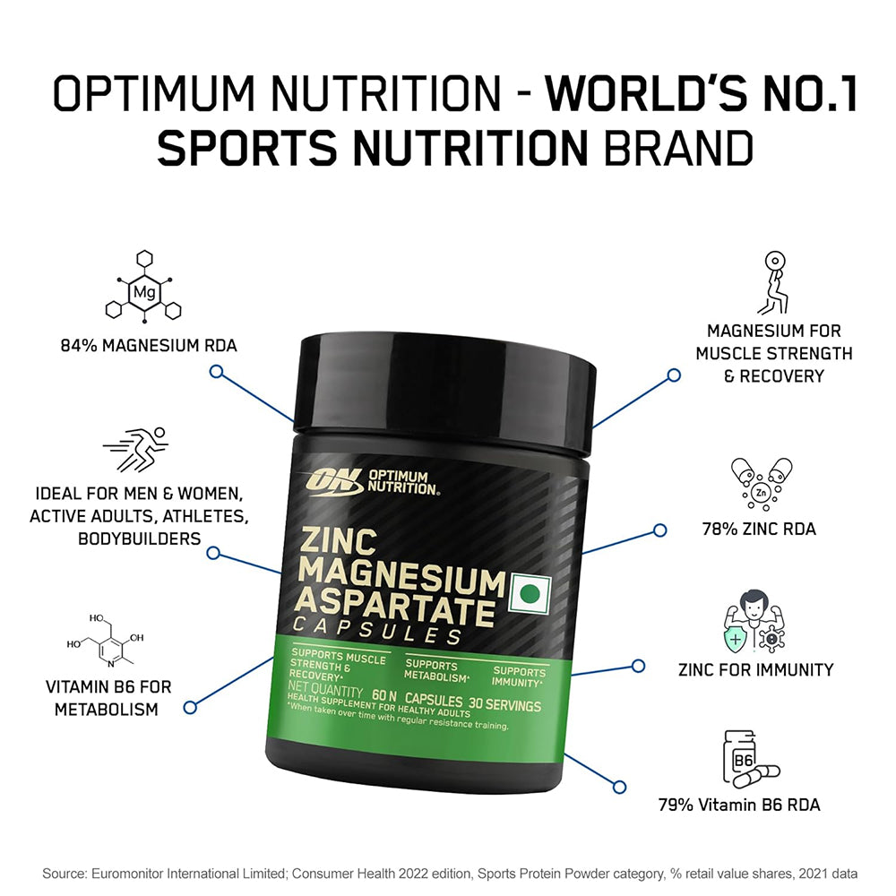 Optimum Nutrition Zinc Magnesium Aspartate (ZMA) Capsules | 60 Capsules | Muscle Recovery & Immunity Support