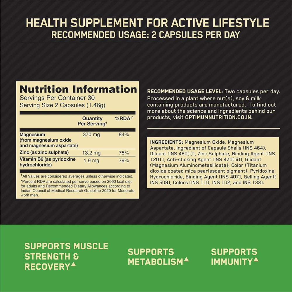Optimum Nutrition Zinc Magnesium Aspartate (ZMA) Capsules | 60 Capsules | Muscle Recovery & Immunity Support